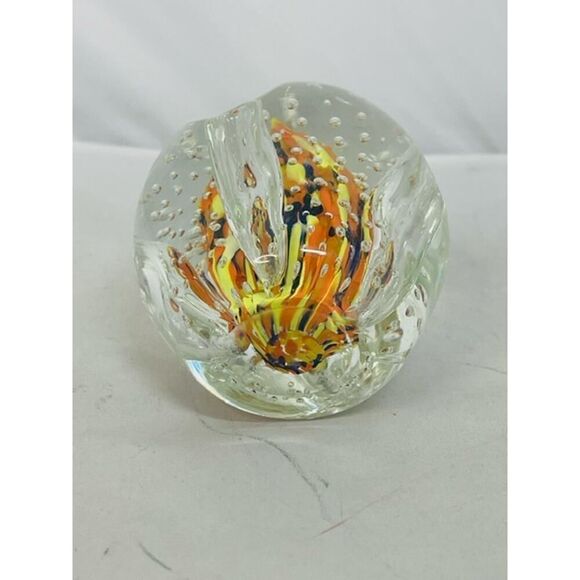 Art Glass Pencil Holder Glass Paperweight Pen Pencil flower Orange Yellow - Picture 1 of 5